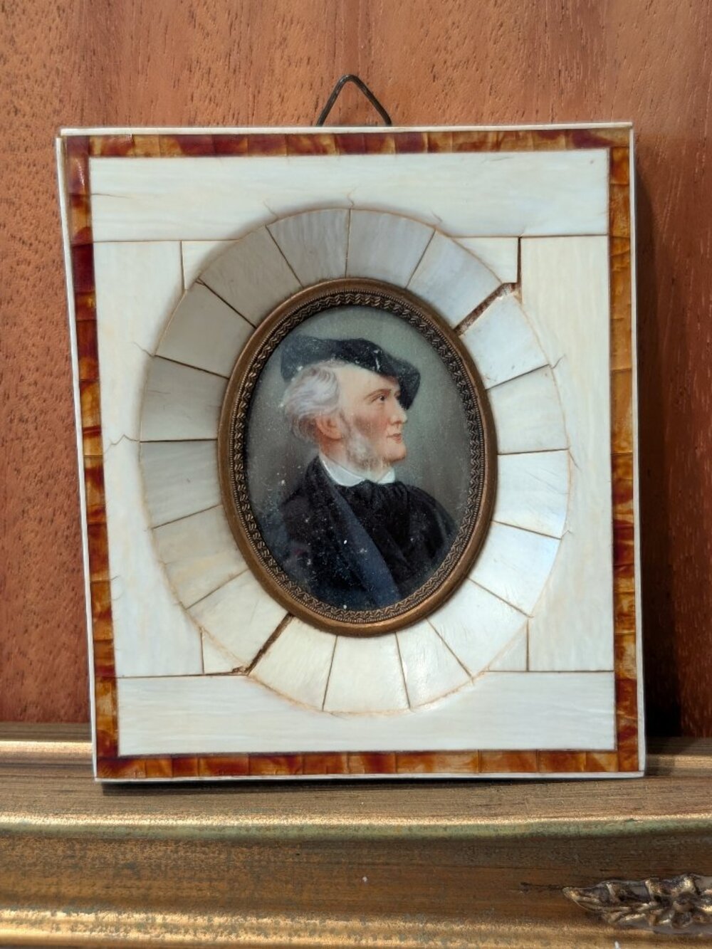 Antique 19th Century Richard Wagner Miniature Portrait in Piano Key Bone Frame
